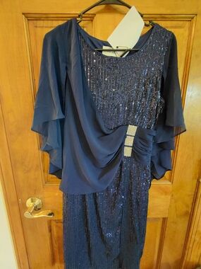 Navy Sequin Midi Dress with Draped Chiffon Overlay and Rhinestone Buckle